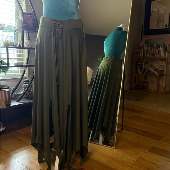 Olive Green Boho Lace-Up Waist Handkerchief Hem Skirt XL - Picture 1 of 7
